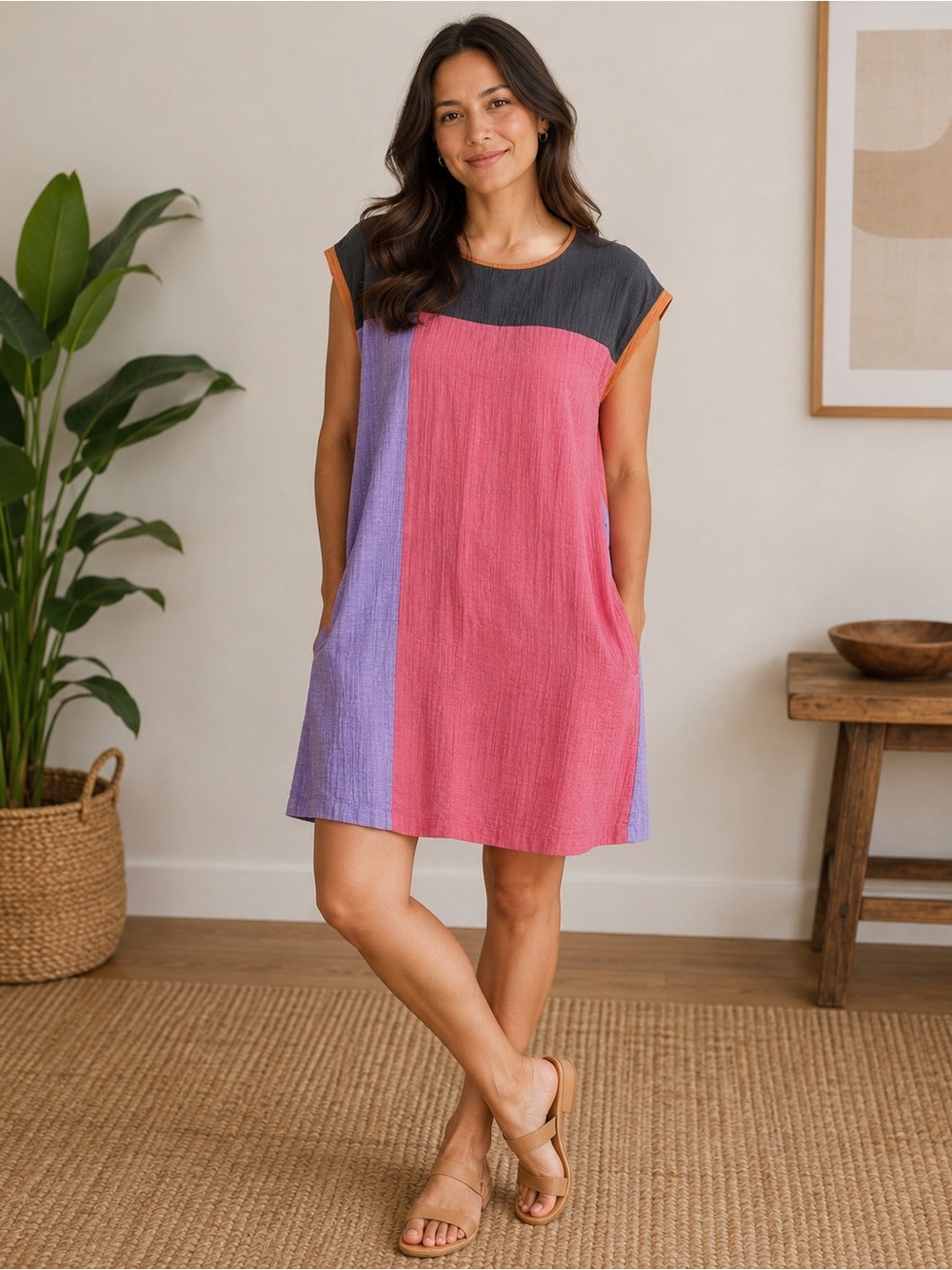 Vero Moda Colorblock Short Sleeve Tunic in Black, Pink, Purple and Orange Trim